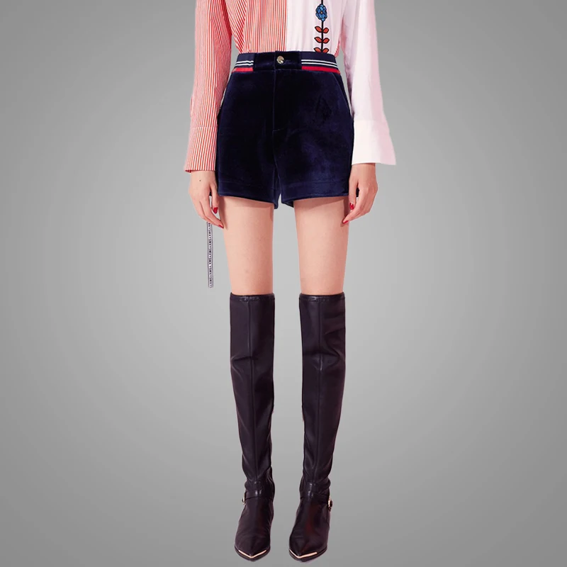 China New Autumn Clothing Stripe Elastic Waist Velvet Shorts Navy Blue Womens Casual Pants with Cord 7