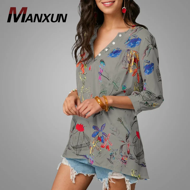 Wholesale Three Quarter Sleeve Grey Split Neck Blouse Floral Printed Blouse For Women Summer Tops
