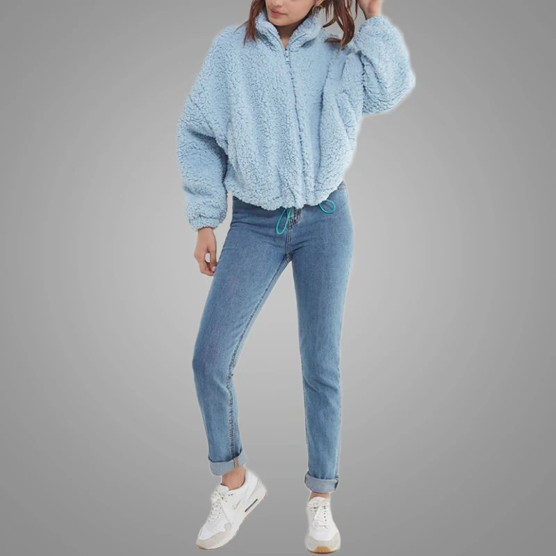 Latest Winter Drawstring Thicker Teddy Coat Women Zipper up Sky Blue Faux Fur Jacket
