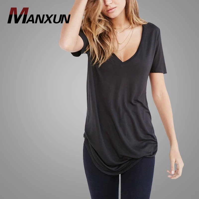 New Design Women V-neck T shirts Wholesale Cheap Fashion Women Tee Custom Plain Black T shirt