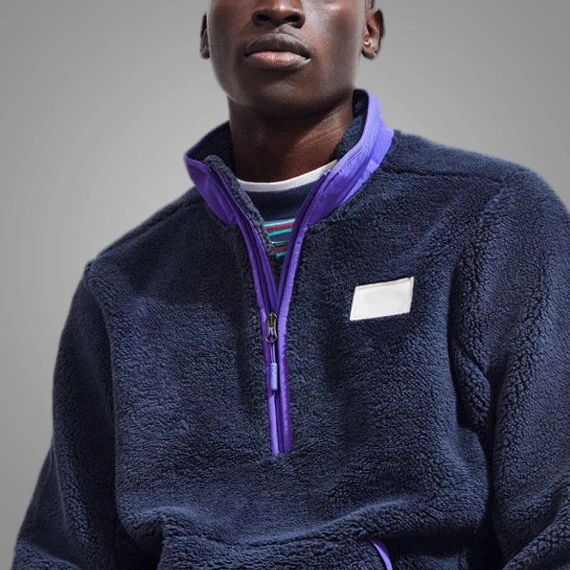 Half Zip Purple Custom Logo 2018 Sherpa Oversized Hoodie for Men Stand Collar Thicker Mens Pullover 3