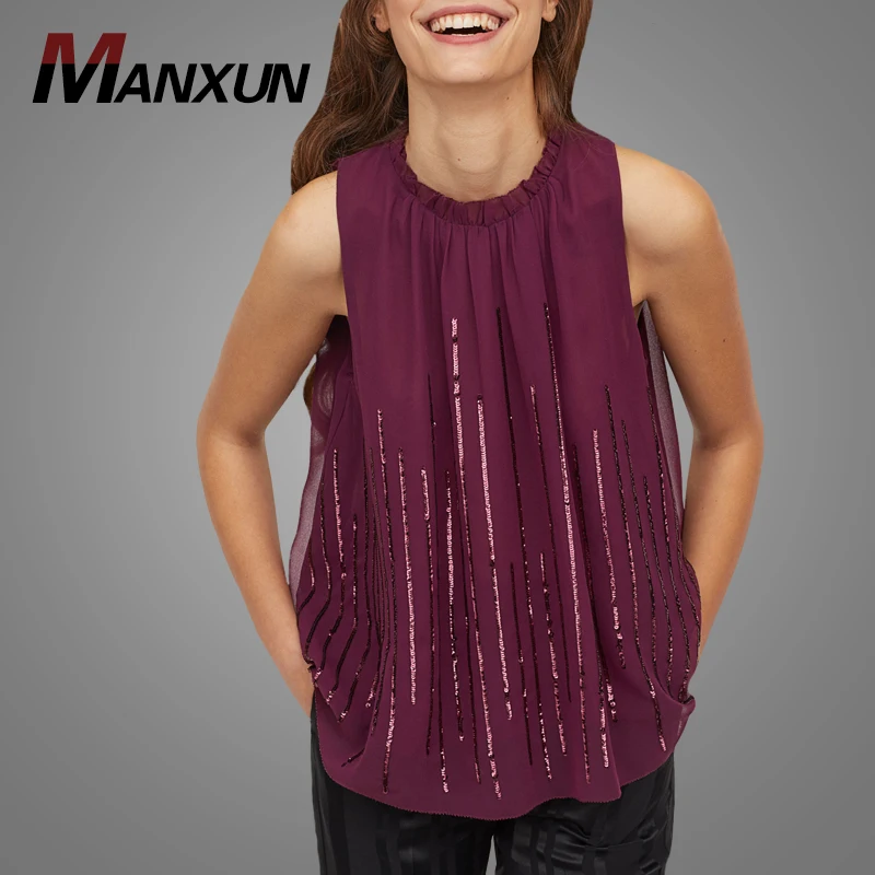 OEM Wholesale Clothing Women Fashion Sleeveless Blouse And Tops  Casual Wear Plus Size Sequin Crop Chiffon Blouses