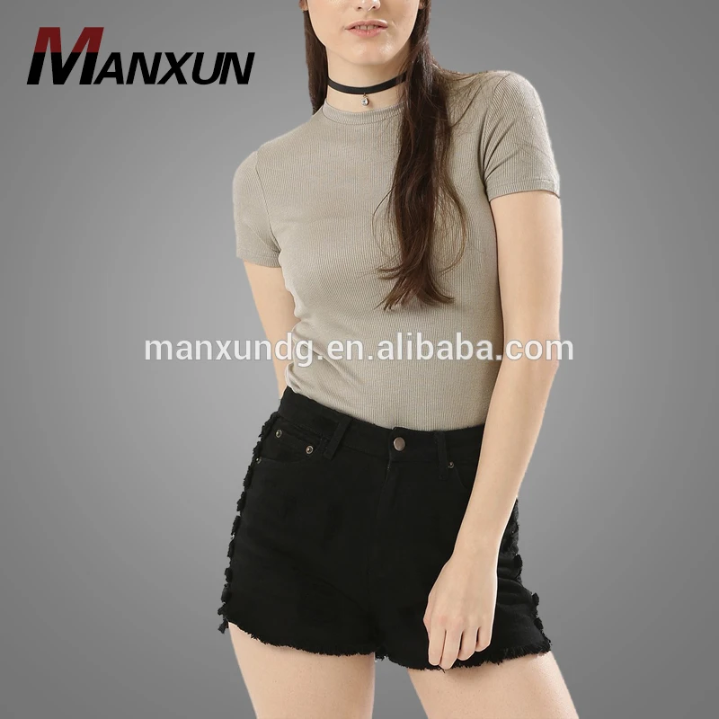 Cheap Wholesale Rib Knitted Hem Women's T Shirt Short Sleeve Khaki Shirt For Ladies 2018