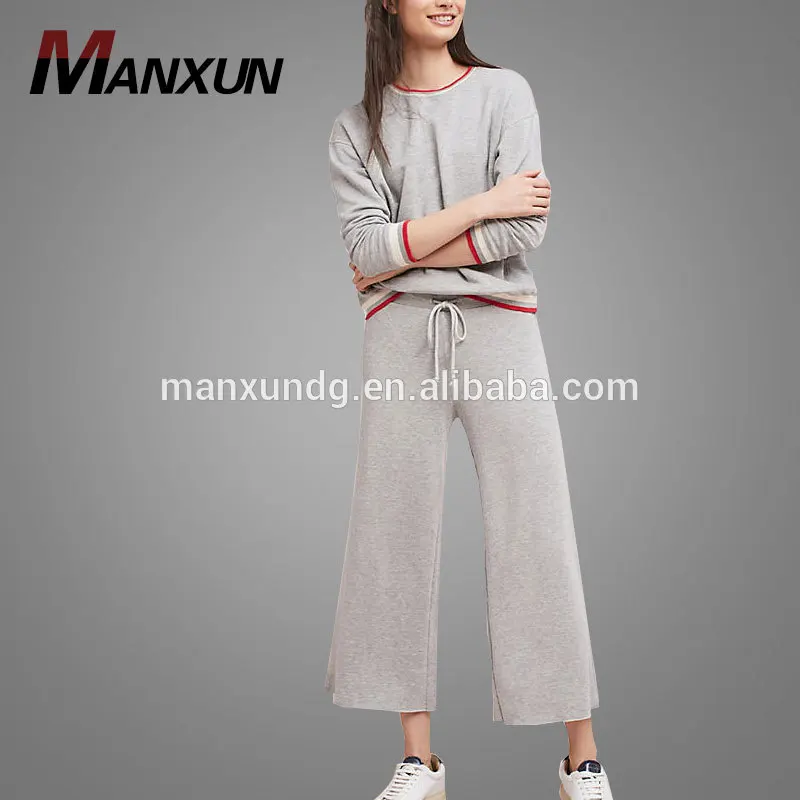 Top Quality Sport Wear Grey Cotton Material Crop Top And Wide-Leg Pants Women Tracksuit Set