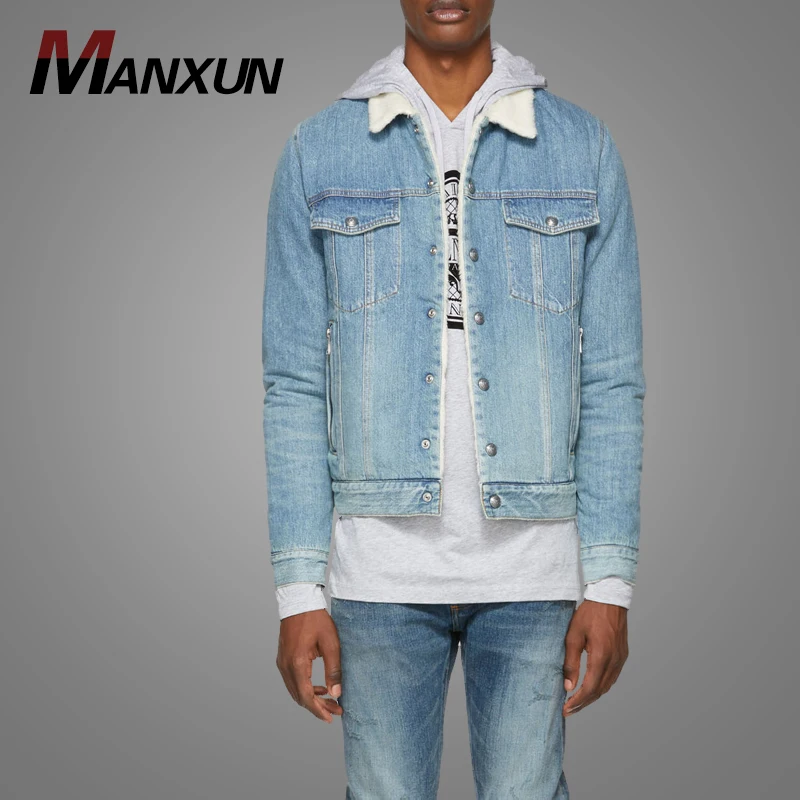 Custom Design Blue Denim Sherpa Jacket Faded Inside Fur Denim Winter Jacket 2018