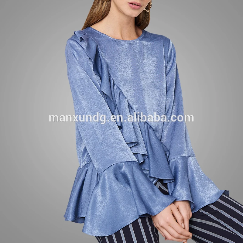 Clothing Fashion 2019 Solid Color Bell Sleeve Blouse Tops Fancy Frill Blouse Design Wholesale