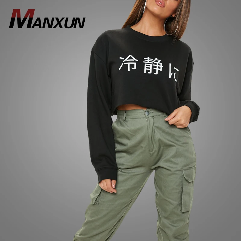 OEM Black Oversized Crop Crewneck Sweatshirt Long Sleeve T Shirt Cotton Sweatshirt Women Top