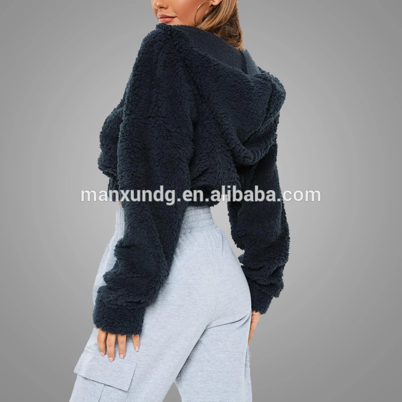 High Quality Navy Teddy Fuax Fur V Neck Cropped Women Winter Sweatshirt Hoodies Tops 3