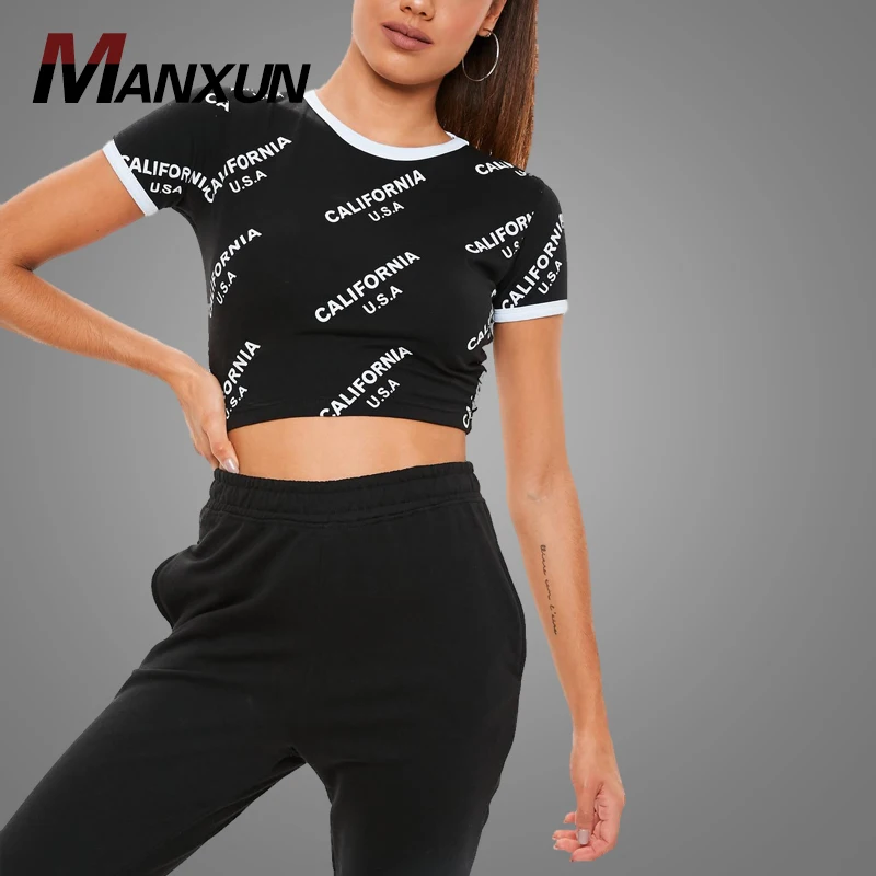 Custom Printing Black Cropped Slim Fit Women T Shirt Casual Fashion T Shirt