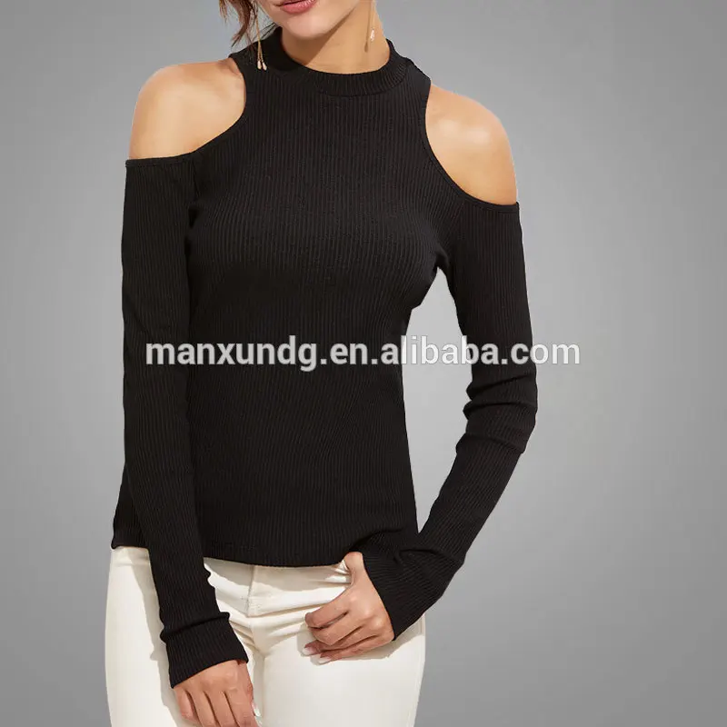 Causal Base Shirt Design Women For Winter Knit Material Black Strapless Shoulder Ribbed T-shirt