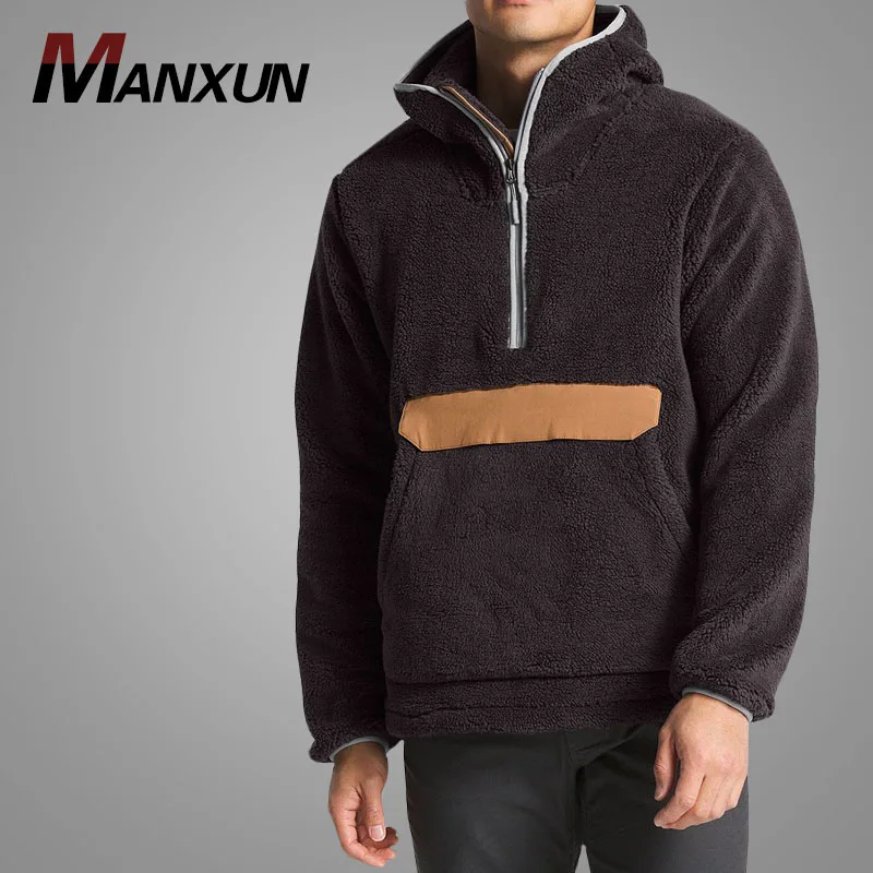 100% Polyester Sherpa Fleece Pullover Hoodie For Men Custom Quarter Zipper Hoodies Kangaroo Pocket Hoodie