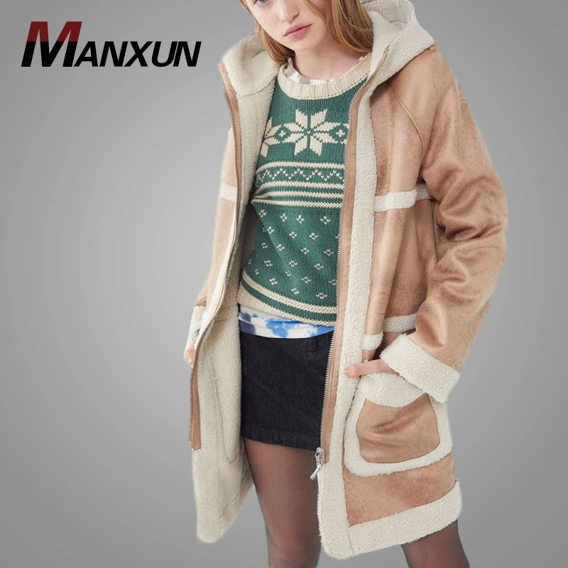 Long Faux Fur Coat Jacketss Women Clothing Apparel Color Block Sherpa Reversible Hooded Teddy Coat 2019