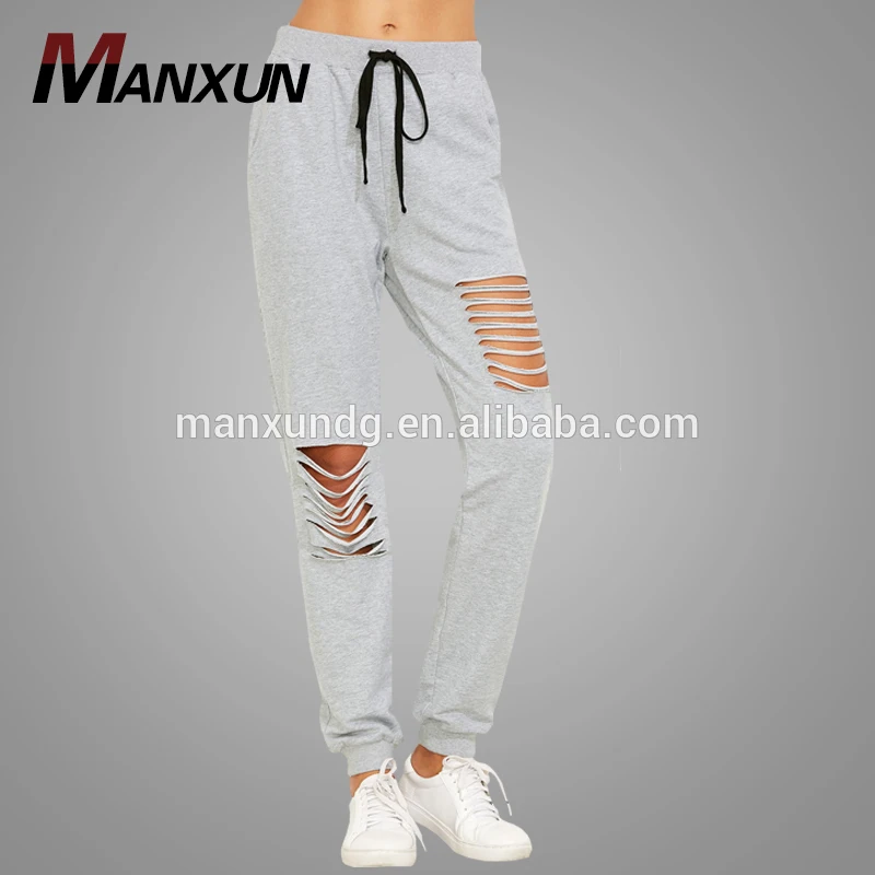 Wholesale Women Sportswear Cotton Jersey Pants Casual Ripped Drawstring Sweatpants