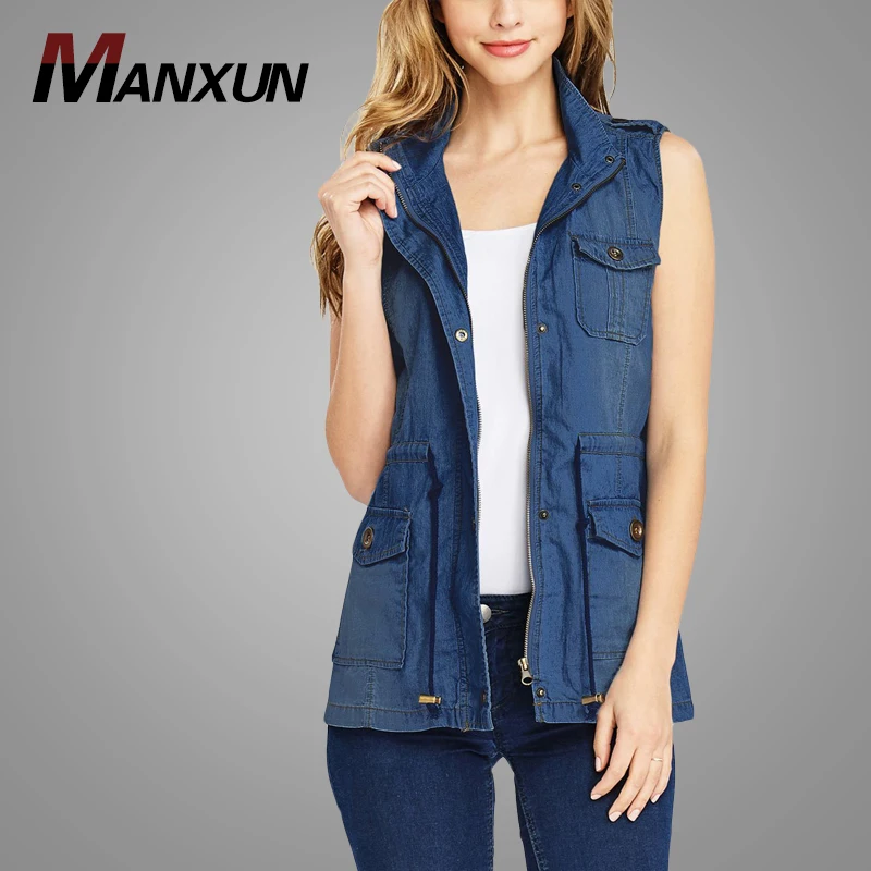 2018 Latest Design Zipper Sleeveless Women Vest Wholesale Women's Denim Vest Blouse Ladies
