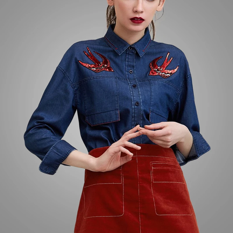 Wholesale Navy Blue Pocket Sequined Women Denim Shirt 2019 Button-up Loose Women Denim Blouse
