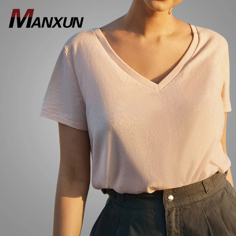 Wholesale Fashion Design Plain Tshirts With Logo Custom V Neck Women Tshirt Casual T-shirt