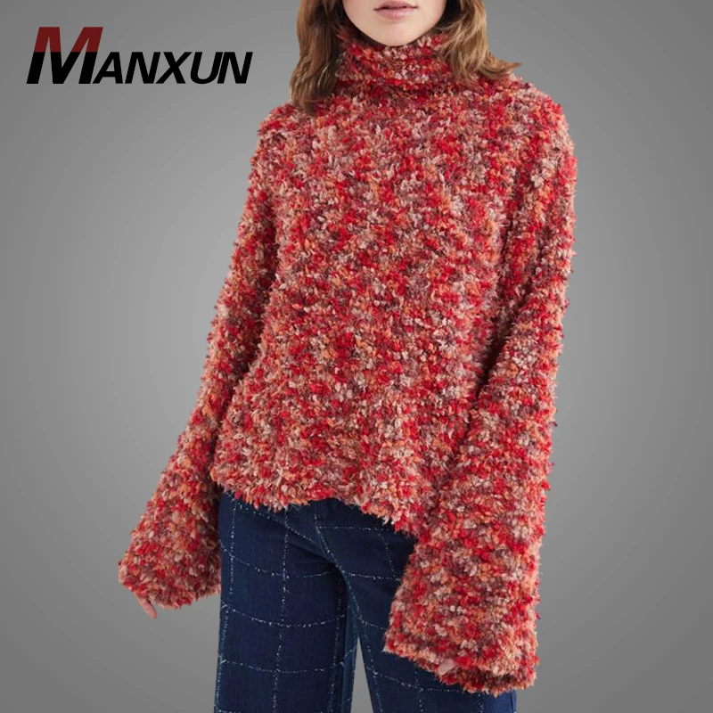 2019 Autumn New Arrival  Casual Loose Long Sleeve Pullover Sweaters Customized Fuzzy Turtlaneck Blouse And Tops For Female