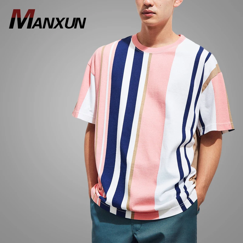 New Arrival Wide Vertical Stripe Men Tee Casual Short Sleeve Man T Shirt Hot Sale Cheap T-shirt