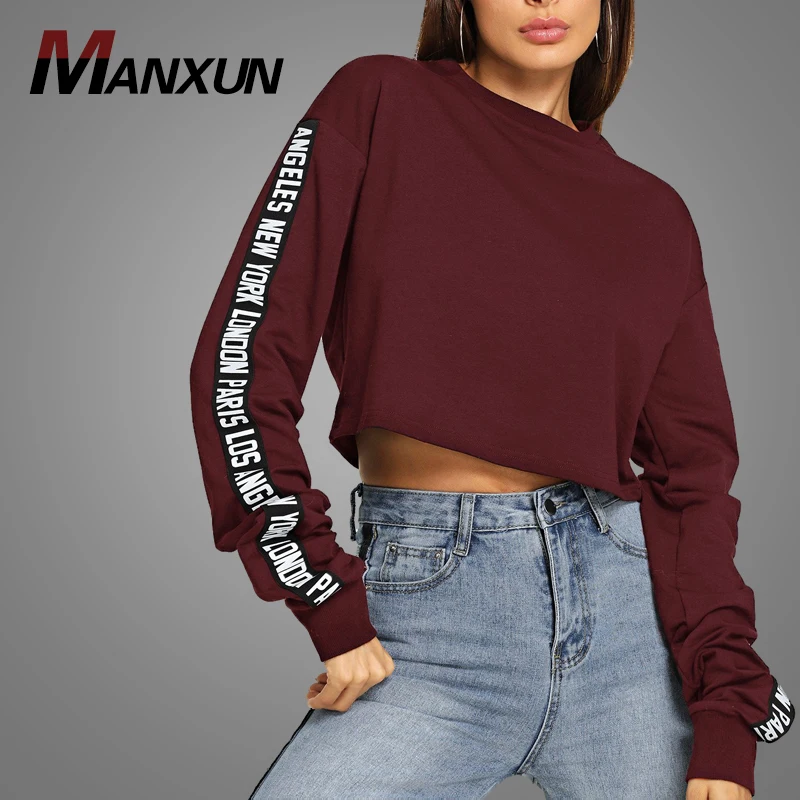 New Design Letter Print Sleeve Crop Crew Neck Sweatshirt Women Red Fleece Sweatshirt 2018