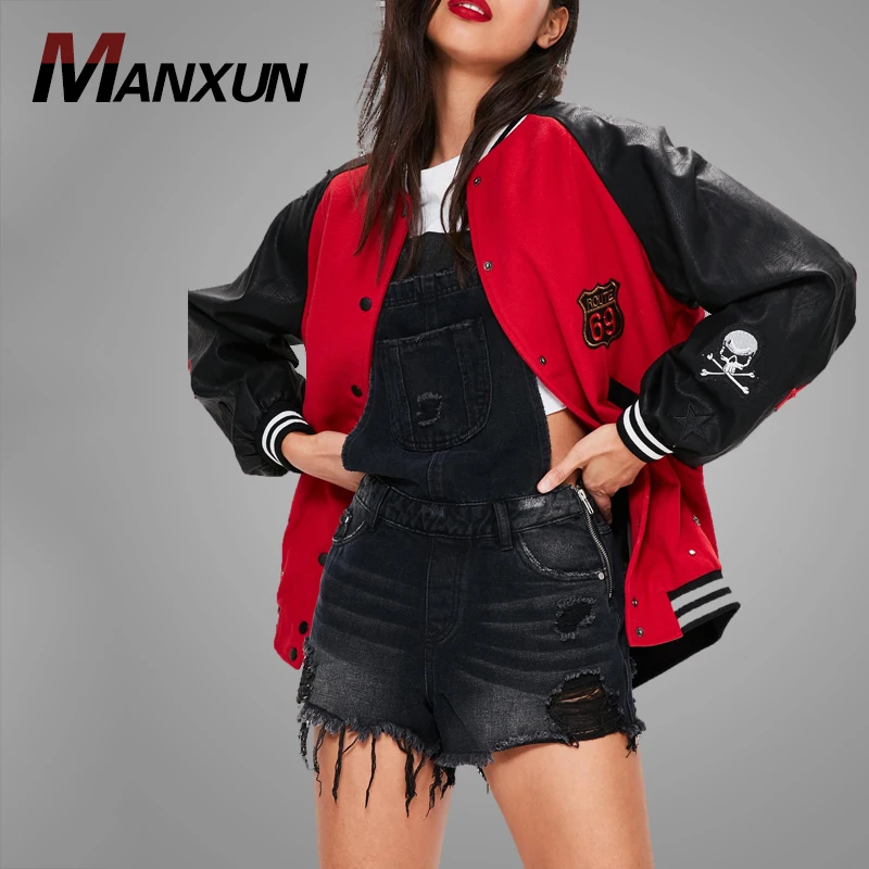 Custom Black Red Varsity Applique Details Bomber Jacket Leather Sleeve Oversize Coat Moter Baseball Uniform Jacket