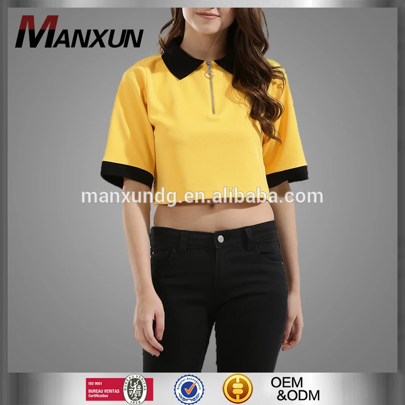 Latest Fashion Ladies Yellow Polo Shirt Half Zipper Design Casual Crop Polo Tshirt For Women