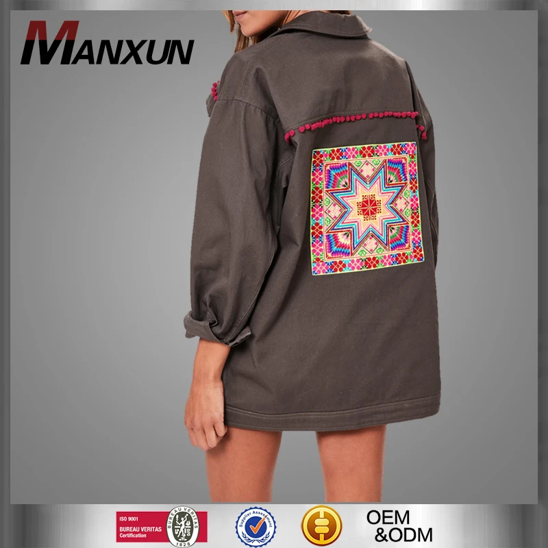 Custom Fashion Grey Embroidered Back Jacket Big Button Denim Grey Oversized Coat Female Baseball Uniform Jacket