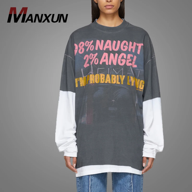 High Quality Long Sleeve Cotton T-Shirt Colorblocked Grey And White Graphics Printed T Shirt Women