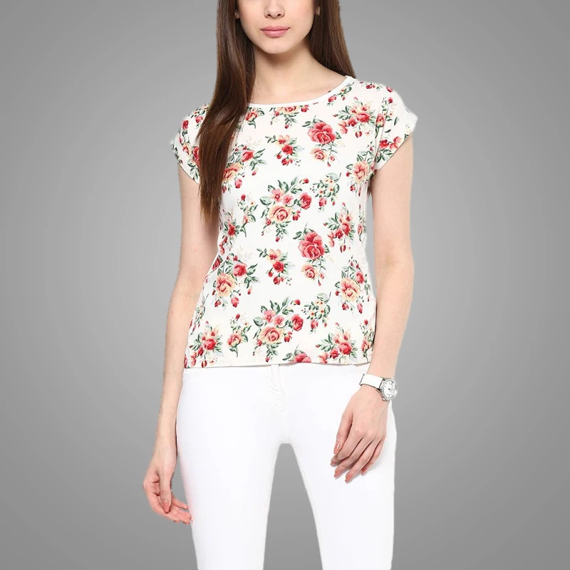 95% Cotton and 5% Spandex Comfort Fashion Womens White T-shirt Print Floral Summer Girls Casual T-shirt