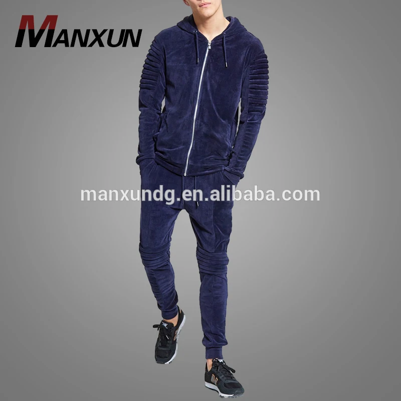 Fashion Mens Slim Fitted Blue Velvet Track Suit Sport Zipper Plain Gym Hoodie Tracksuit