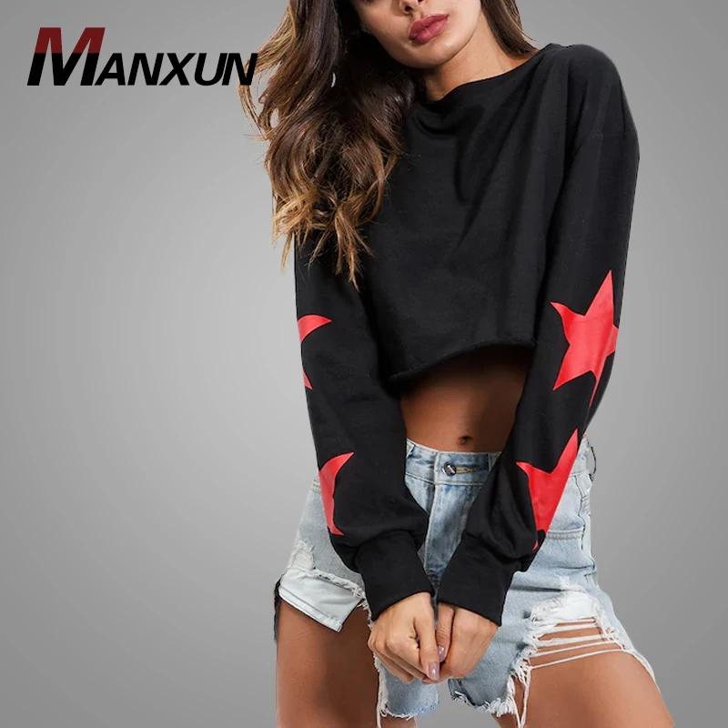 Latest Design Women Star Print Crop Sweatshirts Casual Round Neck Sweatshirt Pullover Black