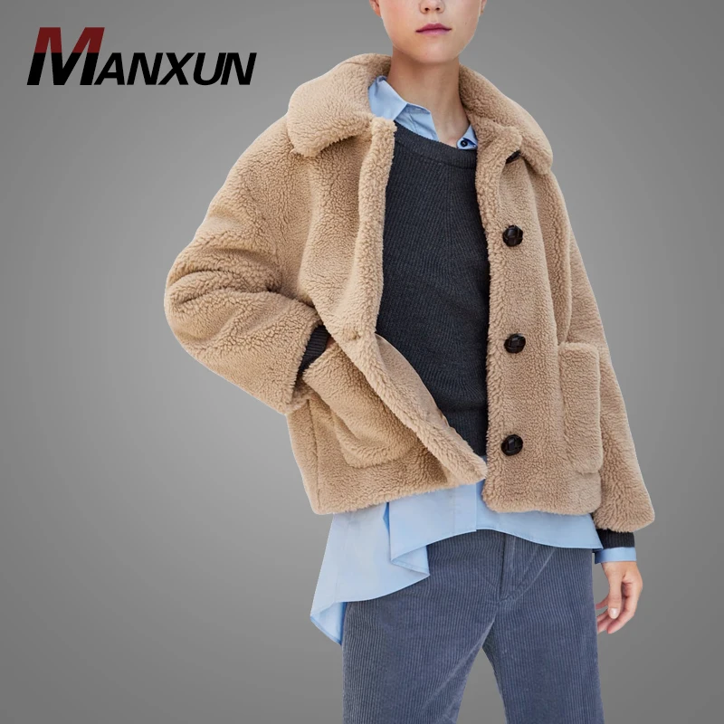 2018 Designs Wide Fit Denim Fur Jacket Front Patch Pockets Fashion Warm Women Outwear Fleece Jacket