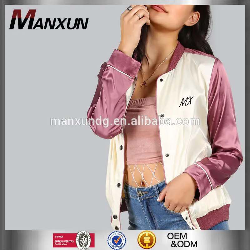 Hot Sale Casual Coat Simple Ladies Satin Bomber Jacket Satin Print Letter Bomber Jacket Without Hood