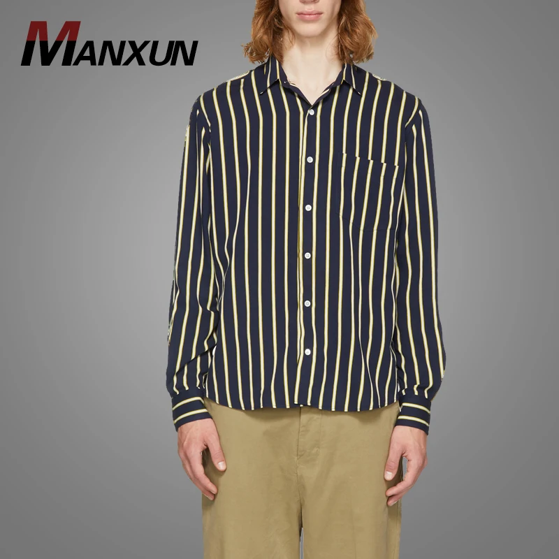 Top Fashion Yellow And Navy Striped Mens Casual Shirts 2018