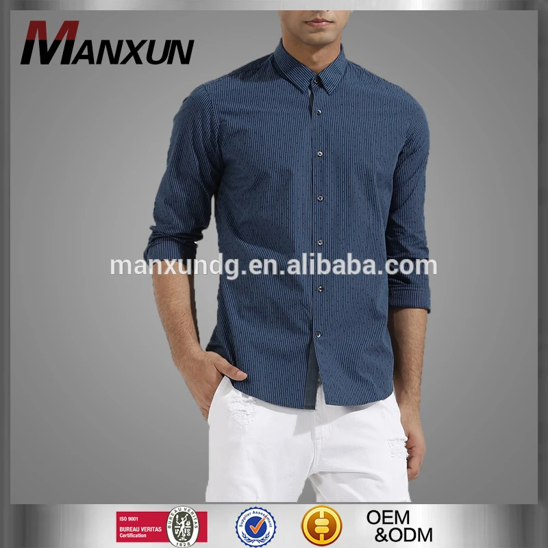 2017 High Quality Dark Blue Stripe Hidden Button Down Casual Shirt Mens Formal Long Sleeve Shirt Mens Clothing
