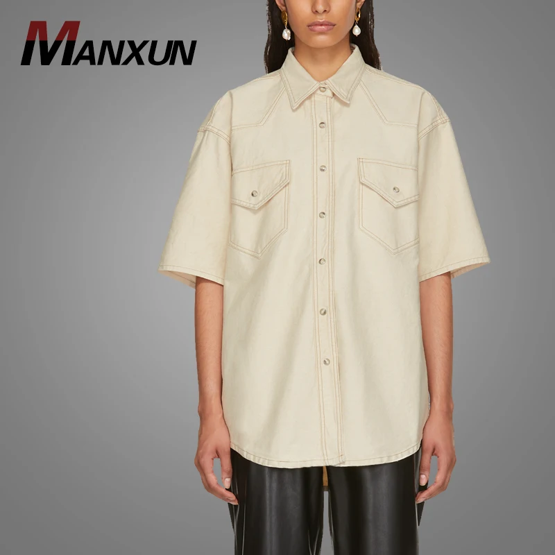Wholesale Dongguan Denim Shirt Khaki Stitches Women Plain Casual Button Up Short Sleeve Shirt