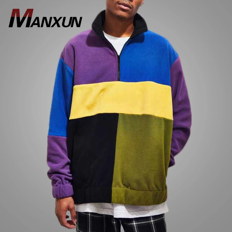 Top Design Color Block Mens Oversized Hoodie Stand Collar Half Zip Fleece hoodie for Men