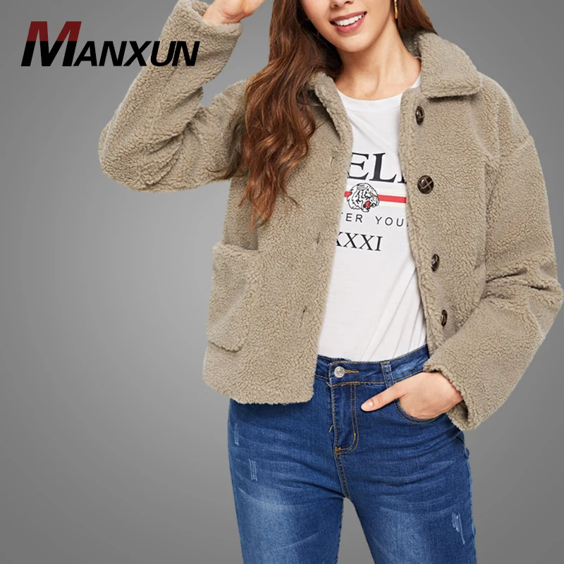 Latest Design Faux Fur Solid Teddy Coat Crop Winter Women Coats 2018