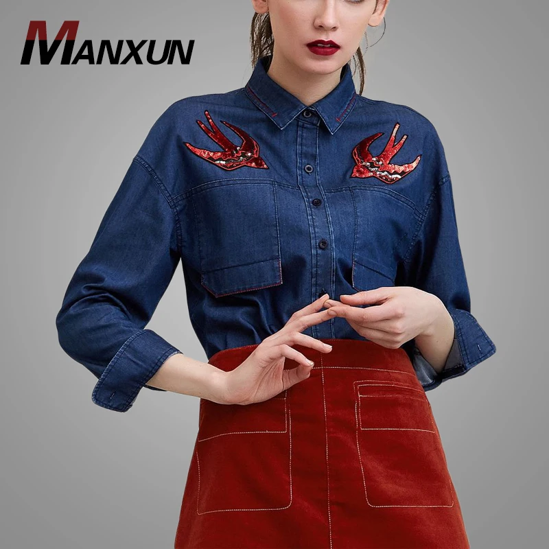 Wholesale Navy Blue Pocket Sequined Women Denim Shirt 2019 Button-up Loose Women Denim Blouse