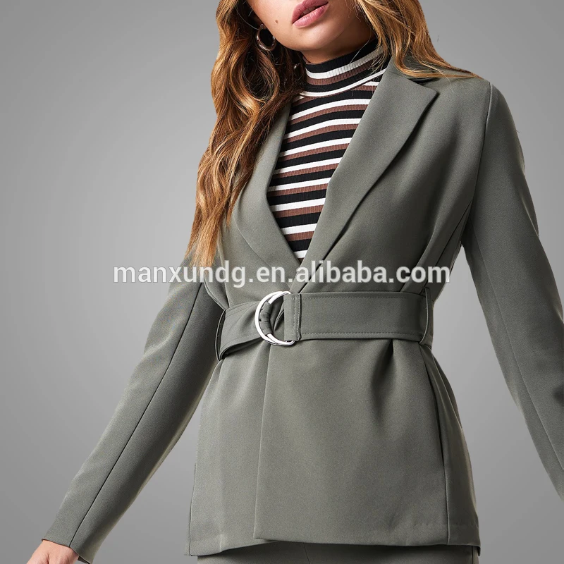 New Fashion Slim Fit Women Solid Color  Blazer Suit Jacket High Quality Formal Business Buckle Belted Office Blazer
