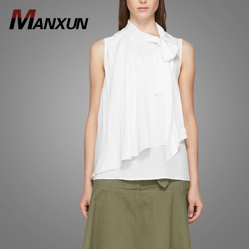 Wholesale Sleeveless Layered Silk Chiffon Crepe Blouse Ruffle White Lady Blouse & Top