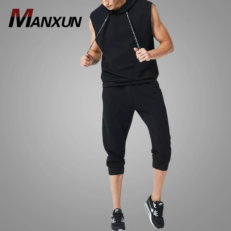 Wholesale Men Sport Suit Sleeveless Hoodie Sweatshirt With Drawstring Shorts Hot Sell