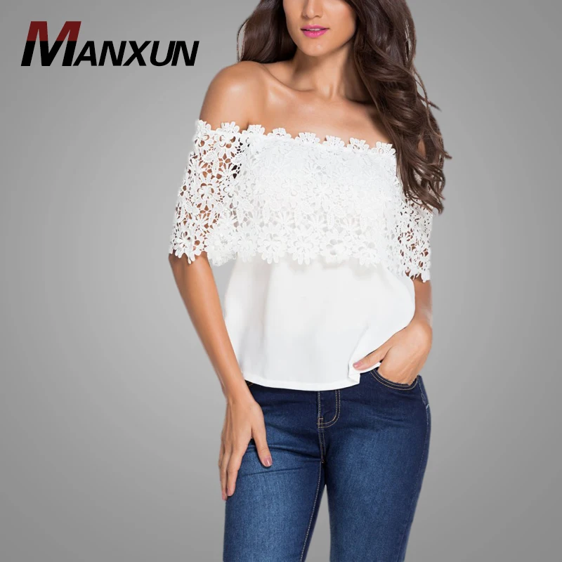 Hot Sell Womens Clothing Sexy White Lace Spliced off-shoulder Chiffon Womens Blouse & Tops