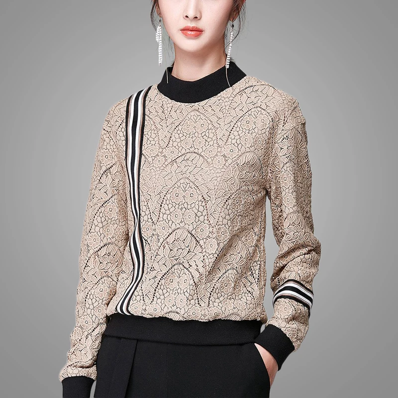 Autumn and Winter New Fashion Color Block Lace Top for Women Retro Ladies Elegant Long Sleeve Lace Shirt