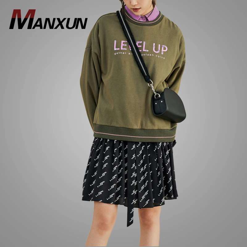 New Arrival Spring Army Green Crew Neck dropped shoulder Sweatshirt Fashion Letters Slogan Sequin Womens Pullover