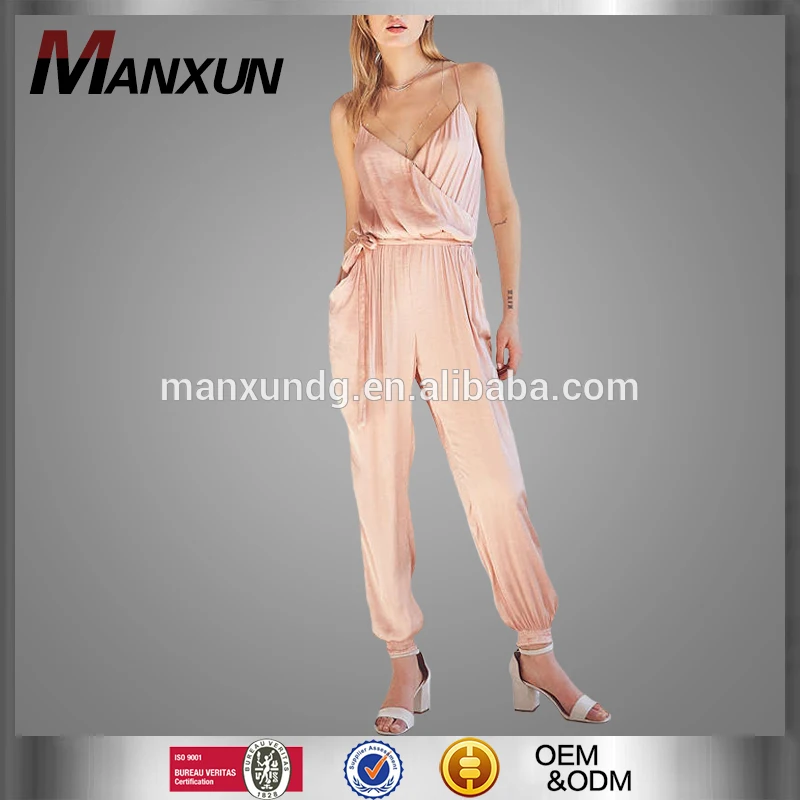 Surplice Style Plunging Neckline Woman Jumpsuit Skily Soft Satin Jumpsuit With Cuffed Ankles Lady Going Out Clothing