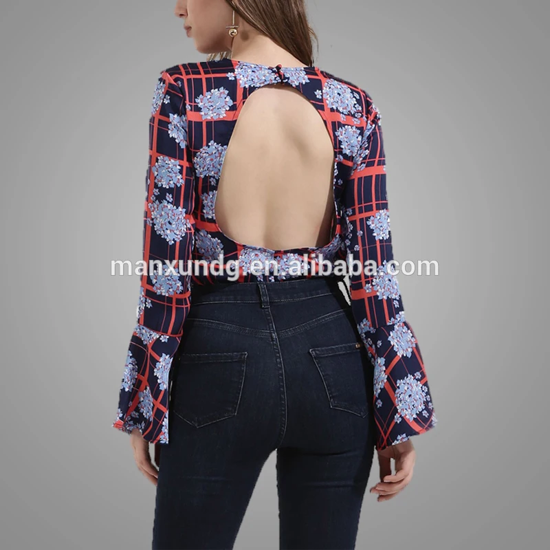 Custom Floral Purple Print Falbala Normal Blouse Design Ladies Backless Sexy Blouse Tops Women 3