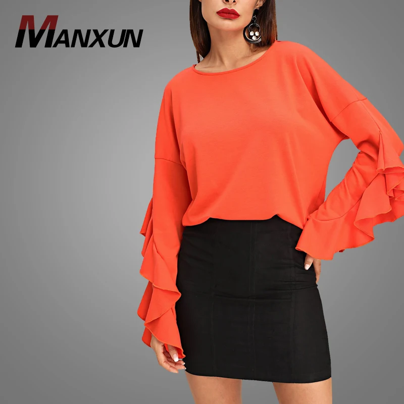 Wholesale Drop Shoulder Ruffle Long Sleeve Pullover Blouse Tops Chiffon Blouse Femme 2018
