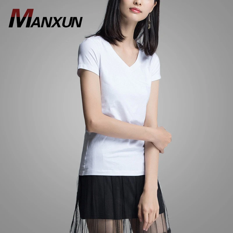 New V-neck Simple Slim Women Short Sleeve T-shirt Female White Plus Size Plain Cotton T-shirt