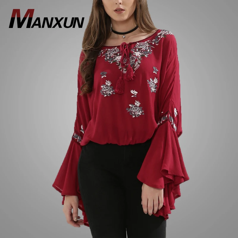 Wholesale China Chiffon Ruffle Long Sleeve Blouse Femme Floral Embroidery Blouse And Top