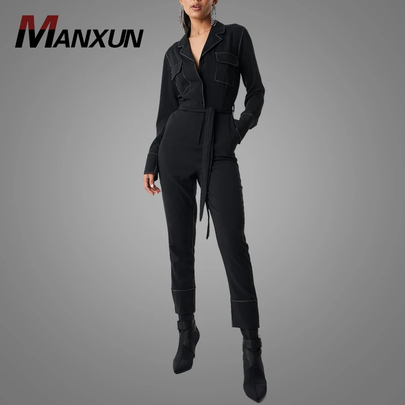 High Quality Contrast White Seam Black Chiffon Long Sleeve Wide Leg Pants Casual Vintage Jumpsuit 2018